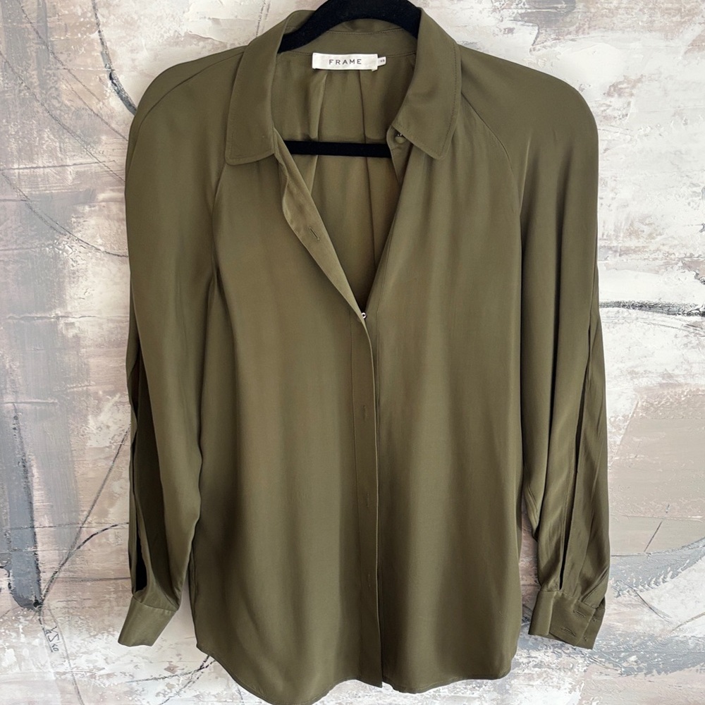 Frame Denim Olive Green Silk Button-Down Blouse